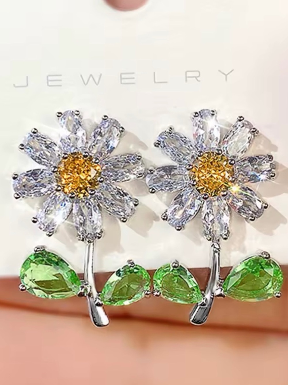 Daisy Floral Crystal Drop Earrings - Green and Yellow